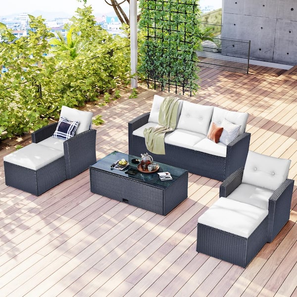 Zeus & Ruta 6-Piece Wicker PE Rattan Patio Outdoor Dining Conversation Sectional Set with Coffee Table Beige Cushion