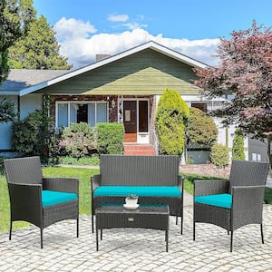 4-Piece Rattan Patio Outdoor Conversation Furniture Set with Turquoise Cushion