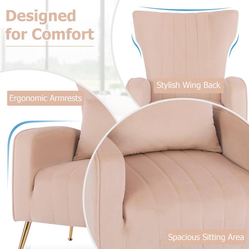 Pink Velvet Wingback Accent Chair with Gold Metal Legs
