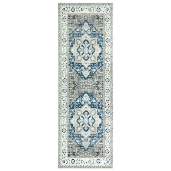 Garvee Light Blue 2 ft. x 6 ft. Vintage Medallion Washable Oriental Runner Area Rug