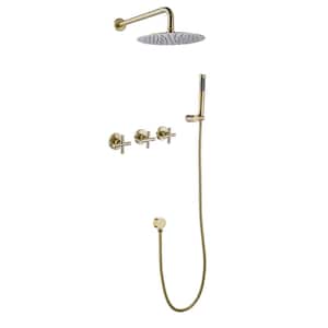 2-Spray 10 in. Wall Mount Fixed and Handheld Shower Head 3 GPM Shower System in Brushed Gold