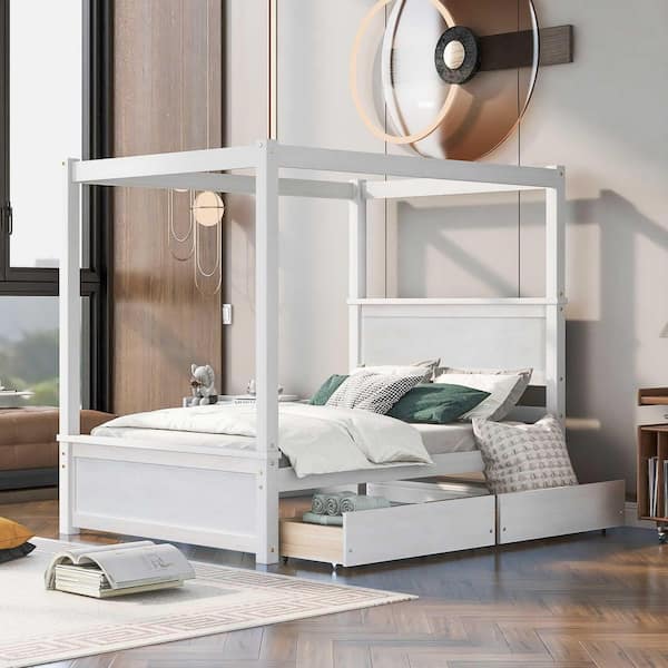 White Wood Frame Full Size Platform Bed with 2 Drawers