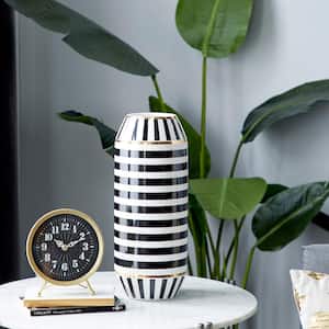 16 in. Black Striped Ceramic Decorative Vase with Gold Accents