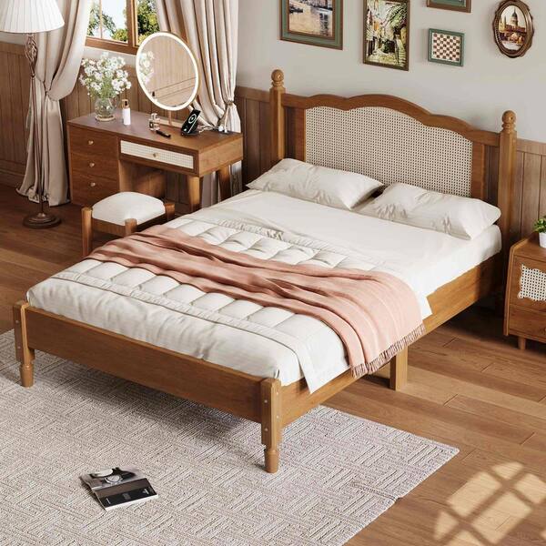 Polibi Walnut Wood Frame Full Size Platform Bed with Natural Rattan Headboard, Wooden Slat Support
