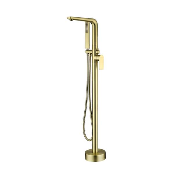 Single Handle Freestanding Floor Mount Tub Faucet with Hand Shower in Brushed Gold