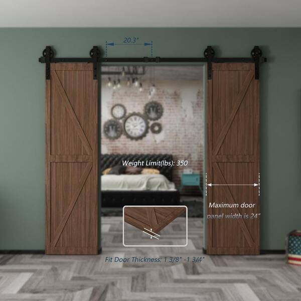 8 ft./96 in. Black Steel Sliding Barn Door Track and Hardware Kit for Double Doors with Floor GuideBigwheel J Shape)