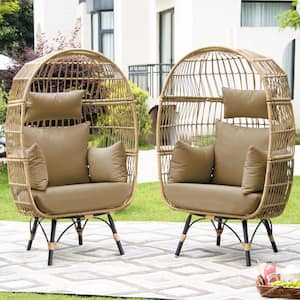 Patio Beige Stationary Wicker Ourdoor Indoor Lounge Egg Chair with Brown Cushions 440 lbs. Capacity (2-Chairs)