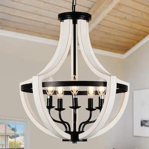 5-Light White Solid Wood Farmhouse Chandelier, Ceiling Light with Adjustable High