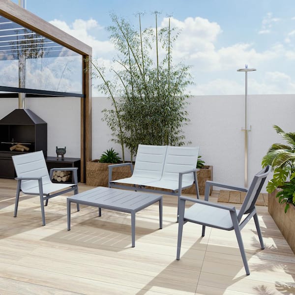 Modern Muse Gray 4-Piece Aluminum Patio Conversation Set with End Table Fully Assembled