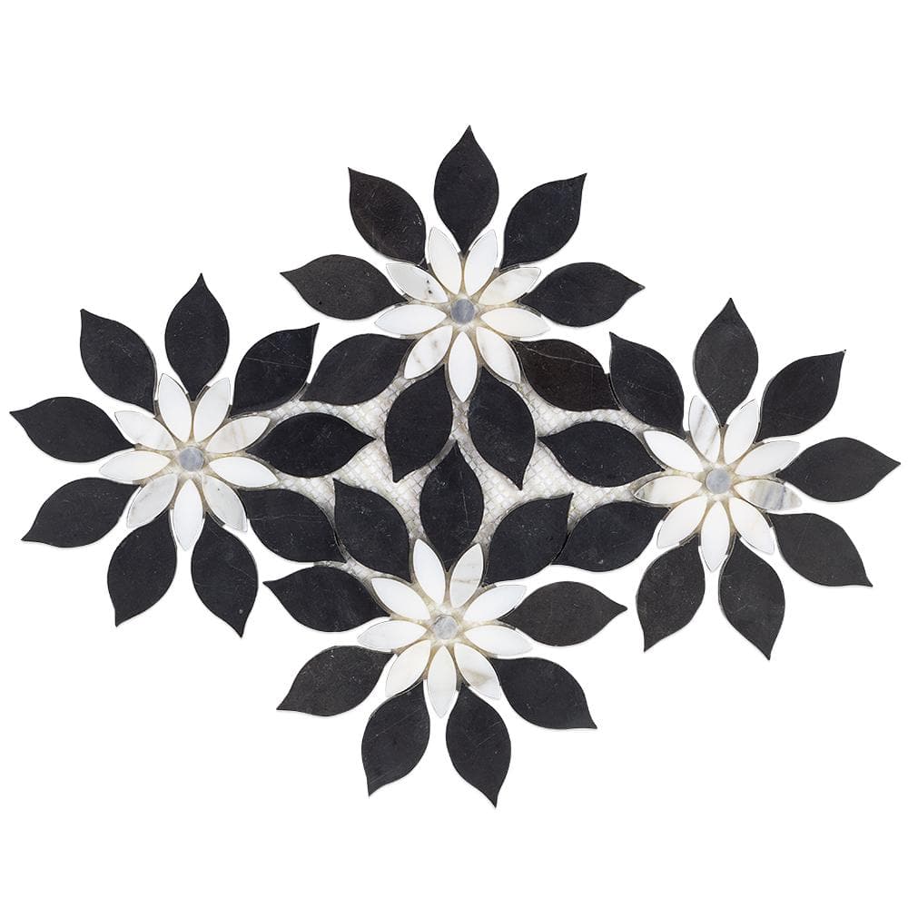 Thistle Black and White Polished Marble Mosaic Tile Sheet