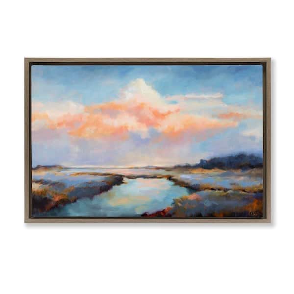 Stupell Industries River with Pastel Clouds by Odile Brown Floater Frame Nature Graphic Art Print 21 in. x 31 in.