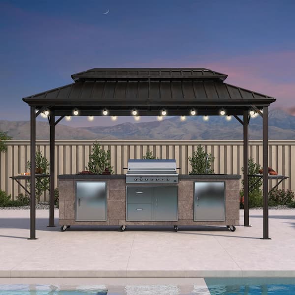 6.5 ft. x 12 ft. Hardtop Grill Gazebo for Patio Aluminum Barbecue Shelter Gazebo w/Hooks,Shelves Double Tiered 24-Lights