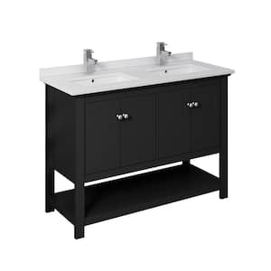 Manchester 48 in. W Bathroom Double Bowl Vanity in Black with Quartz Stone Vanity Top in White with White Basins