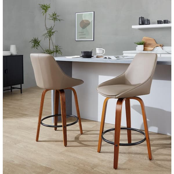 Lumisource Diana 26 in. Walnut Wood and Brown Faux Leather with Round Black Metal Footrest Fixed-Height Counter Stool (Set of 2)