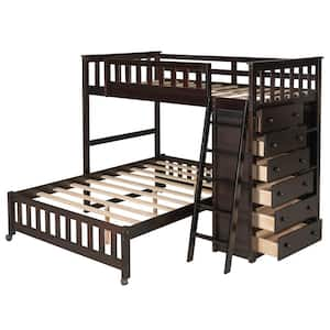 Wooden Twin Over Full Bunk Bed in Espresso With 6 Drawers And Flexible Shelves