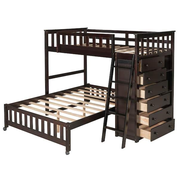 Polibi Wooden Twin Over Full Bunk Bed in Espresso With 6 Drawers And Flexible Shelves