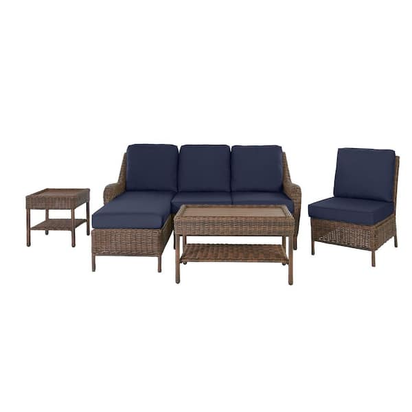 Hampton Bay Cambridge 5-Piece Brown Wicker Outdoor Patio Sectional Sofa Seating Set with CushionGuard Midnight Navy Blue Cushions