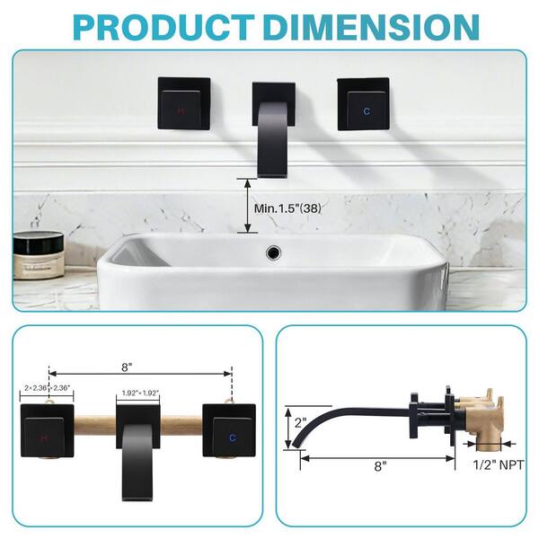 Matte Black Wall Mounted Bathroom Faucet, 3-Hole Basin Mixer Tap With Swivel Spout & Cross Handles