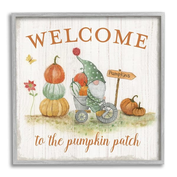 Stupell Industries Welcome Pumpkin Patch Gnome by Tava Studios 1-Piece Framed Graphic Print Fantasy Poster Art Print 24 in. x 24 in.