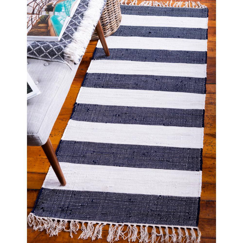 Handwoven Navy Blue Stripe Indoor Runner with Recycled Cotton