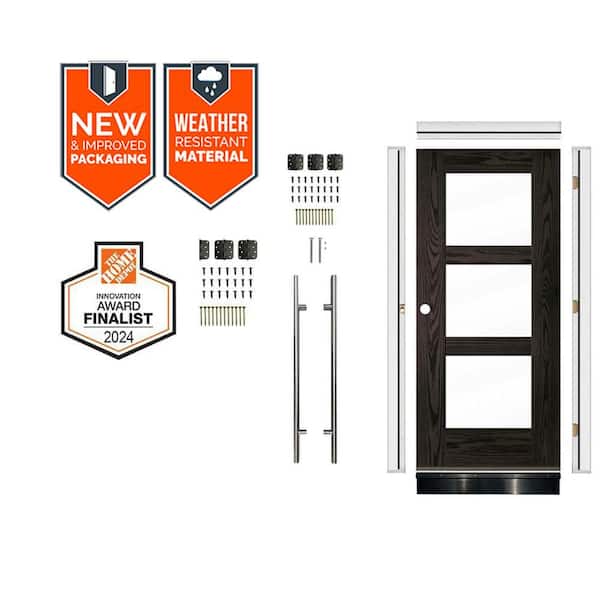 Faux Pivot 36in. x 79 in. 3-Lite Right-Hand Clear Glass Baby Grand Stain Fiberglass Front Door Kit w/Quick Assemble Jamb