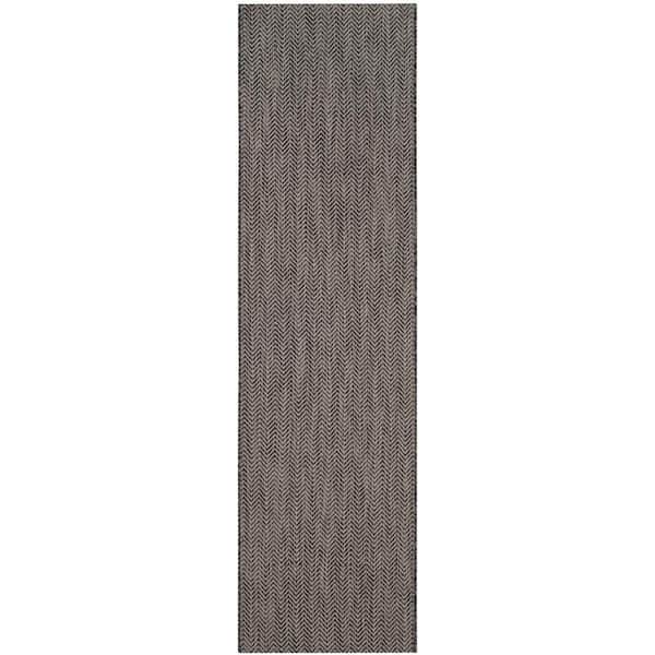 Courtyard Black/Beige 2 ft. x 10 ft. Solid Color Chevron Indoor/Outdoor Runner Rug