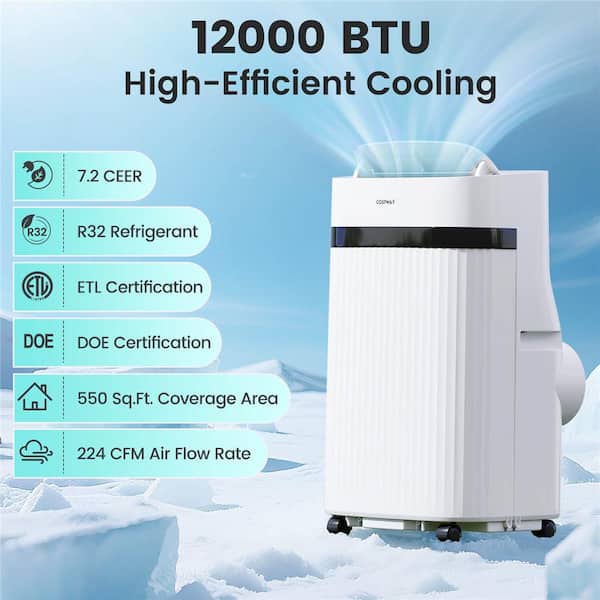 12000 BTU (ASHRAE) Portable Air Conditioner with Fan and Dehumidifier Sleep Mode 24H Timer