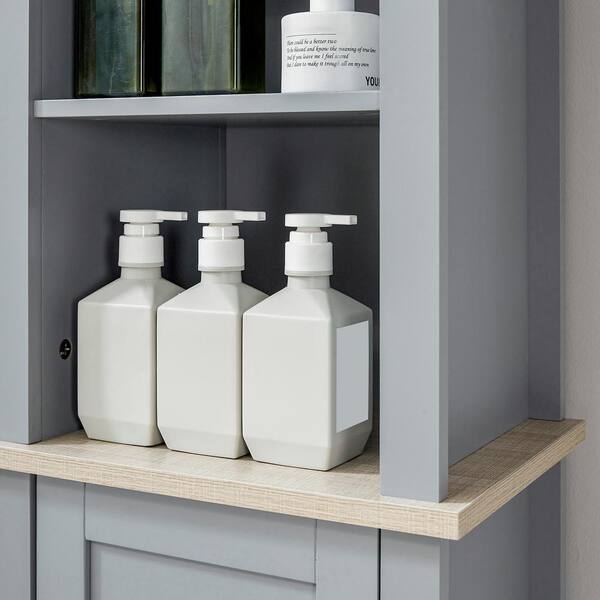 kleankin Slim Bathroom Storage Cabinet, Floor Standing Bathroom Organizer,  Linen Tower with Open Shelves and Glass Door, Gray
