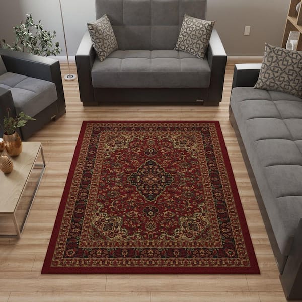 Basics Collection Non-Slip Rubberback Medallion Oriental Design 5x7 Indoor Area Rug, 5 ft. x 6 ft. 6 in., Red