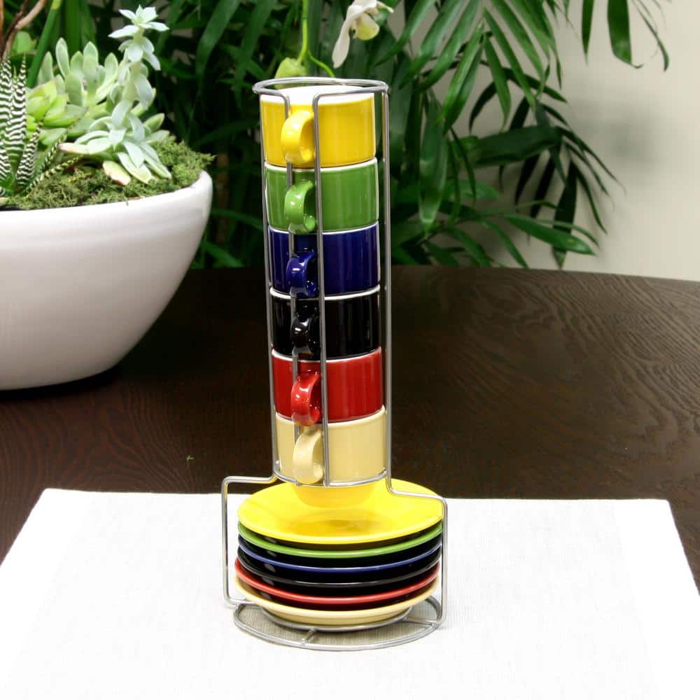 Multicolor Ceramic Espresso Cup and Saucer Set with Metal Rack