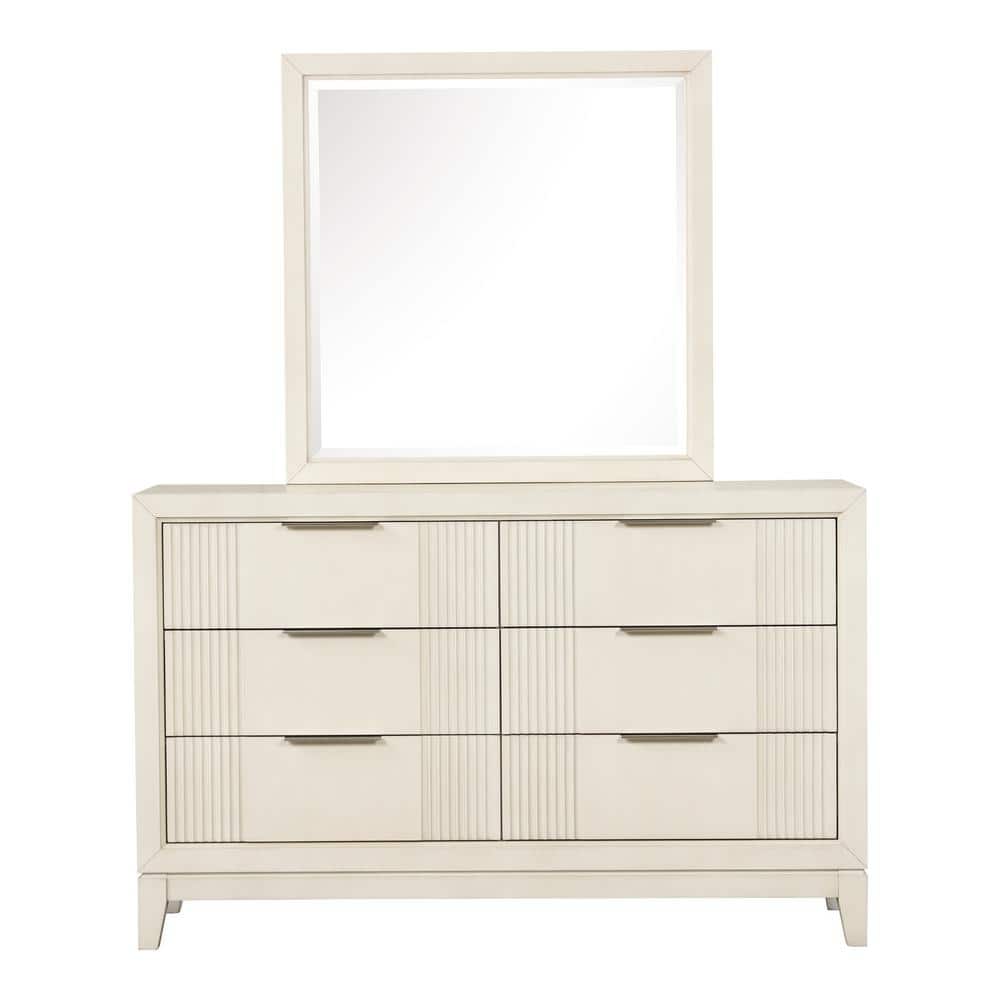 Antique White Wood 6-Drawer Dresser with Mirror