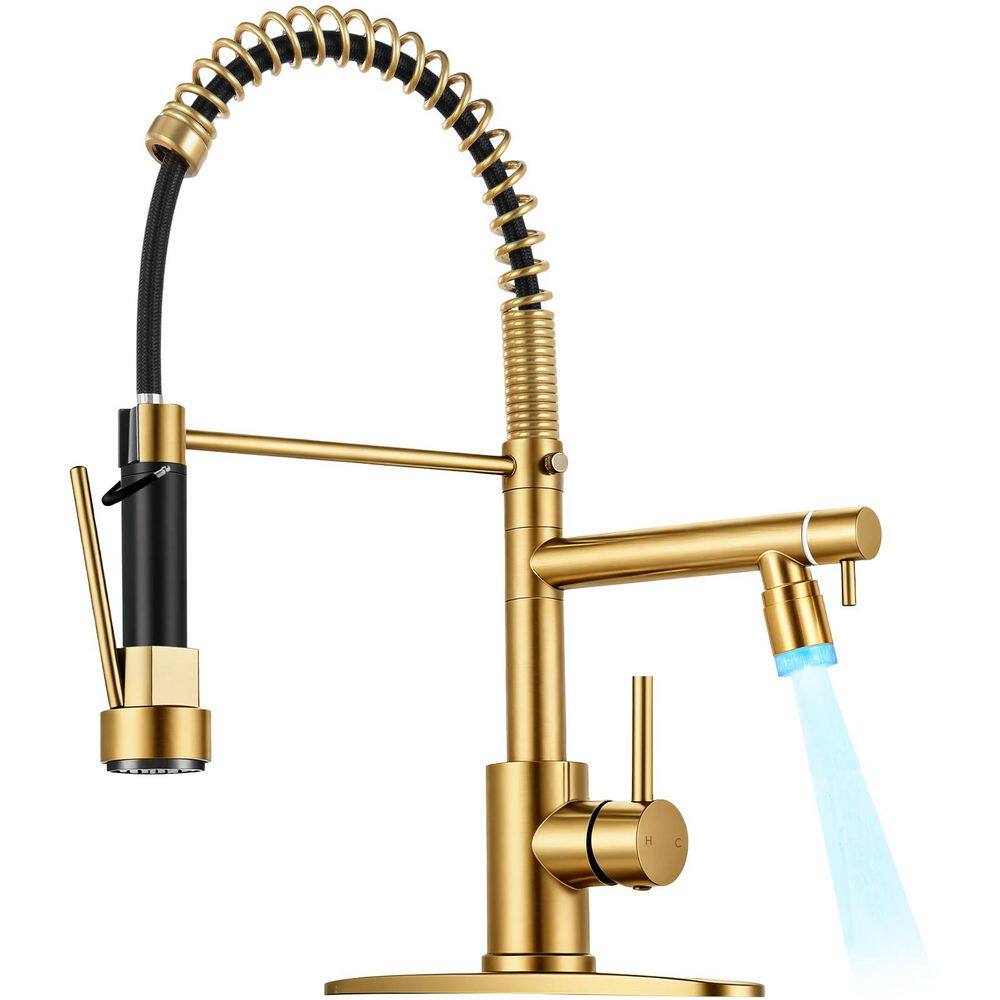 Brushed Gold 18 in. H LED Pull Down Sprayer Kitchen Faucet with 2-Spout Single Handle Commercial Kitchen Faucets price history on PriceWatchPro
