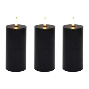 Battery Operated 3D Wick Flame Pillars, Black - Set of 3