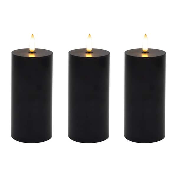 LUMABASE Battery Operated 3D Wick Flame Pillars, Black - Set of 3