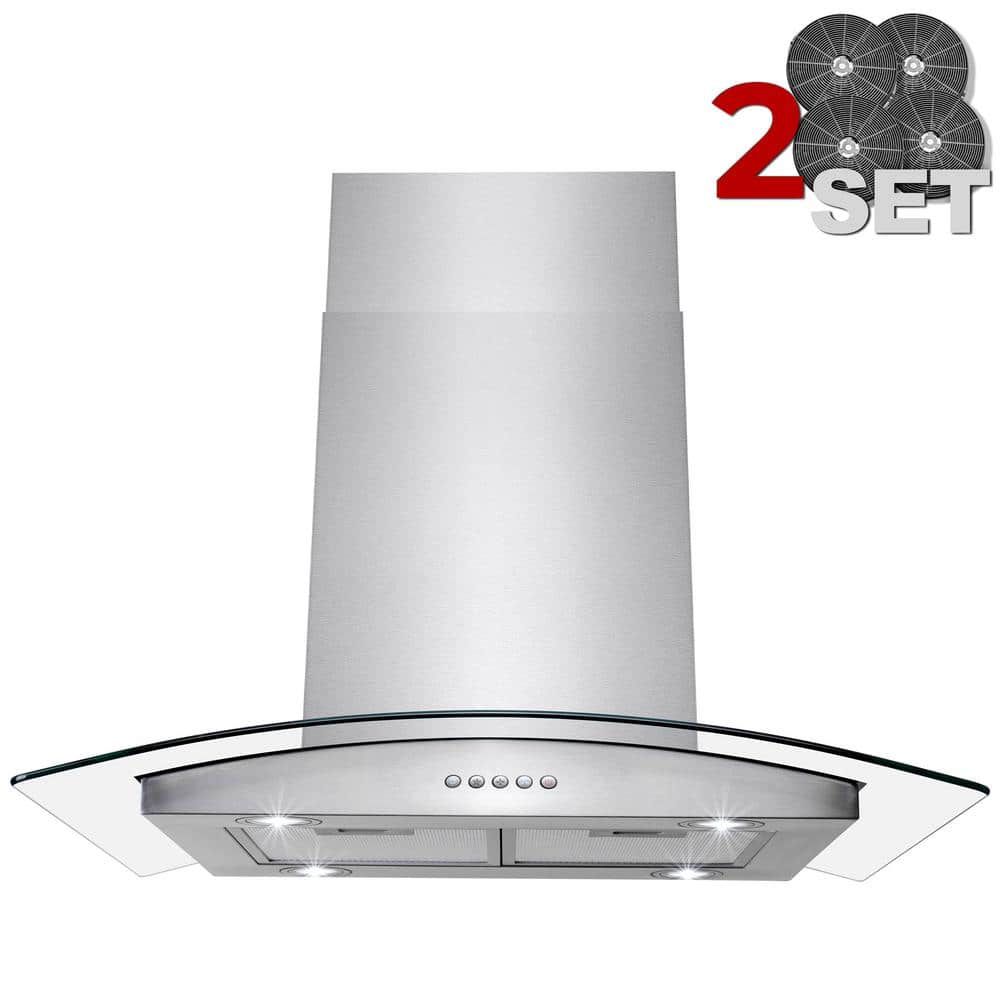 Golden Vantage 30 in. 343 CFM Convertible Island Mount Range Hood in Stainless Steel with Glass, Touch Control and 2 Set Carbon Filters, Silver