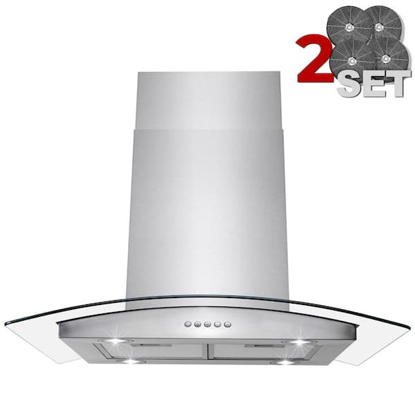 Golden Vantage 30 in. 343 CFM Convertible Island Mount Range Hood in Stainless Steel with Glass, Touch Control and 2 Set Carbon Filters