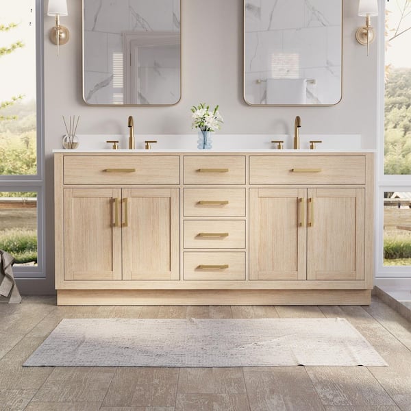 72 in. Double Sink Freestanding Solid Wood Bath Vanity in OAK with White Quartz Top, Soft-Close, Full Assembled