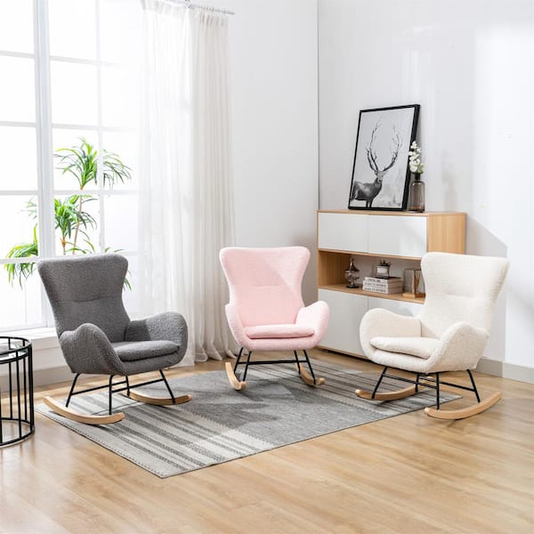 White Teddy Fabric Padded Seat Rocking Chair With High Backrest