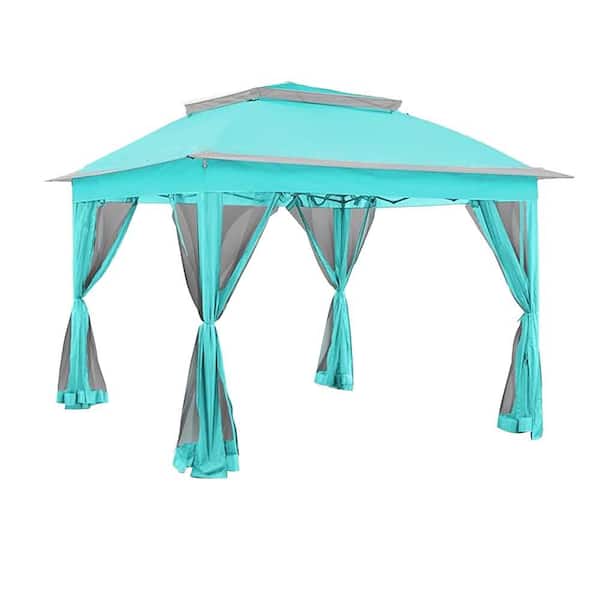 11 ft. x 11 ft. Turquoise Blue Steel Pop-Up Canopy Gazebo with Mosquito Netting