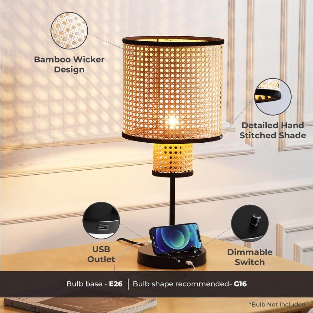 Nakuv 22'' Black Metal Table Lamp with Rattan Shade and USB Port