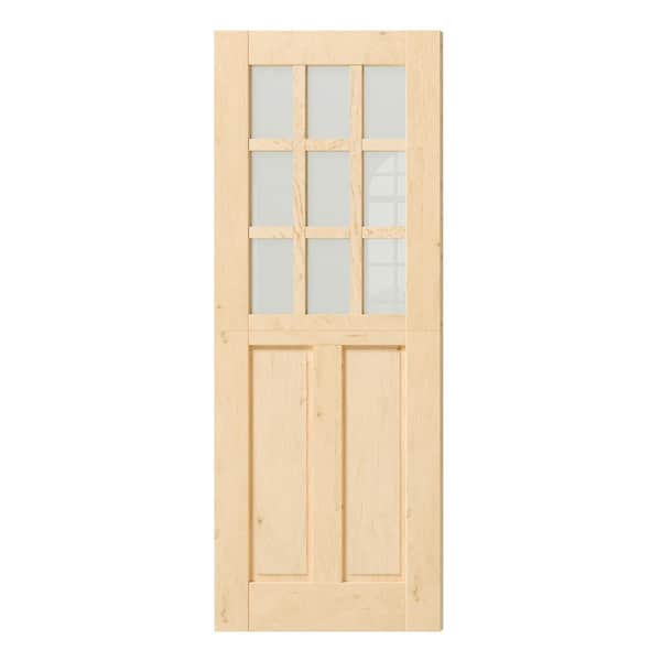 32 in. x 80 in. 9 Lite Frosted Glass Solid Core Natural Pine Wood Finished Interior Dutch Door, Single Split Door Slab