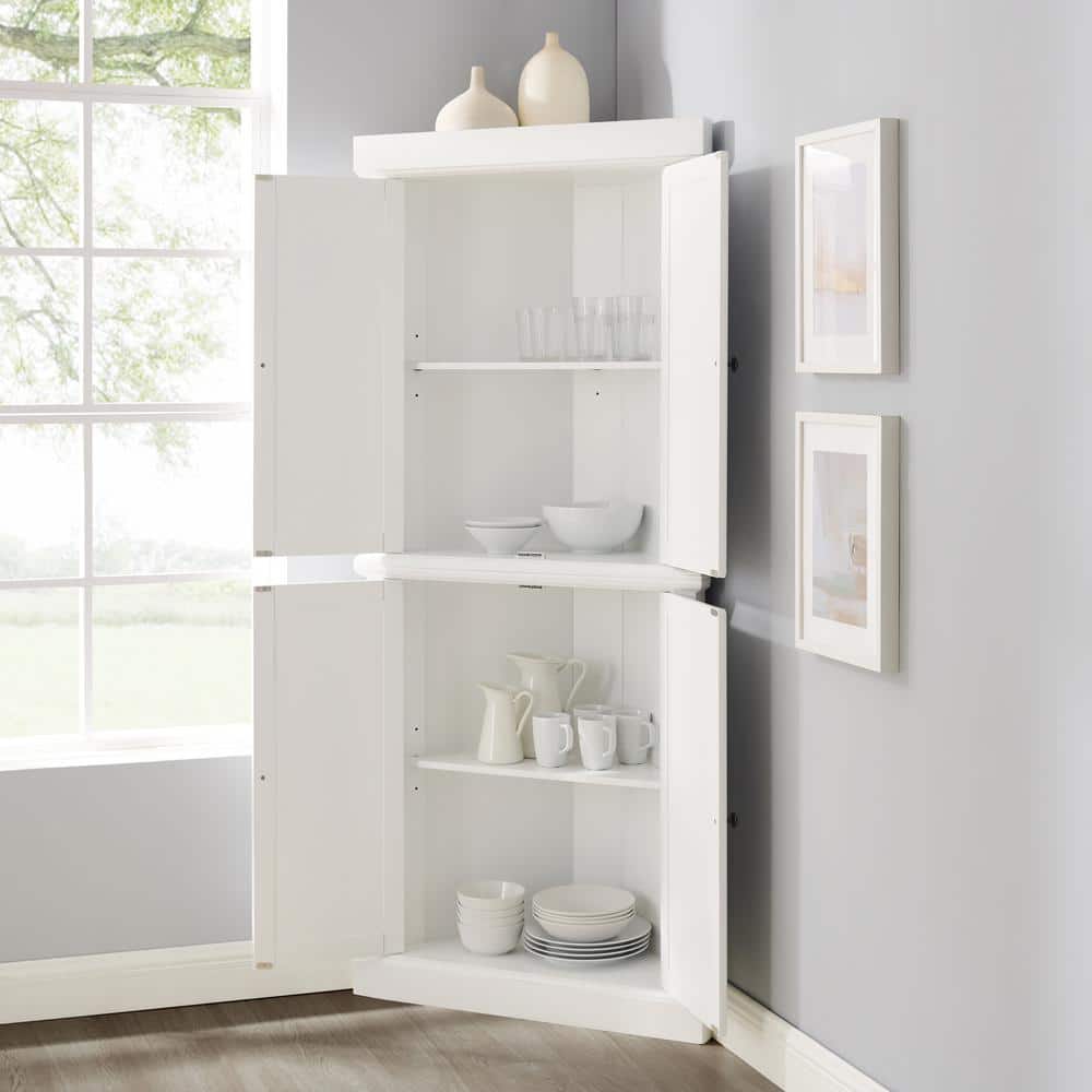 White Pinewood Tall Corner Accent Cabinet with Adjustable Shelving