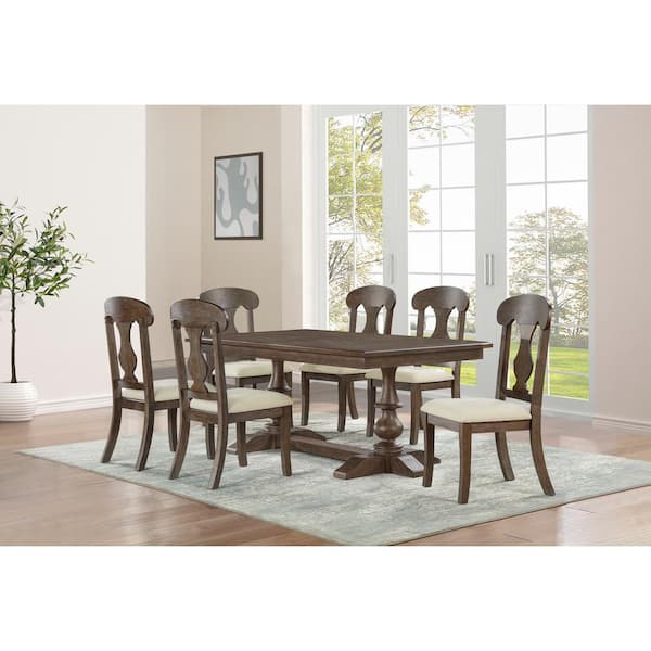 Best Quality Furniture Hector 7-Piece Rectangle Rustic Oak Wood Top And Linen Fabric Table Set Seats 6