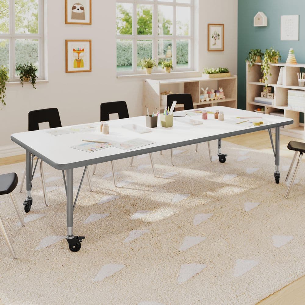 Wren Adjustable White Top/Silver Frame Rectangle Kids Activity Table with Thermal Laminate Top for 10