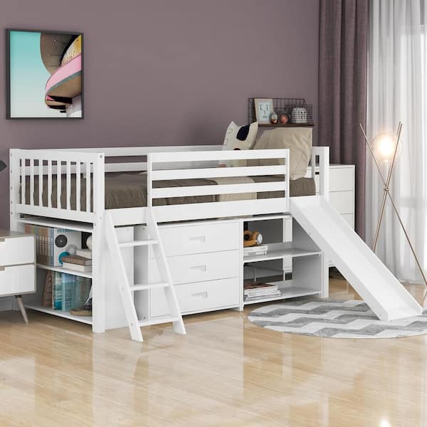 GODEER White Twin Low Loft Bed with Attached Bookcases and Separate 3 ...