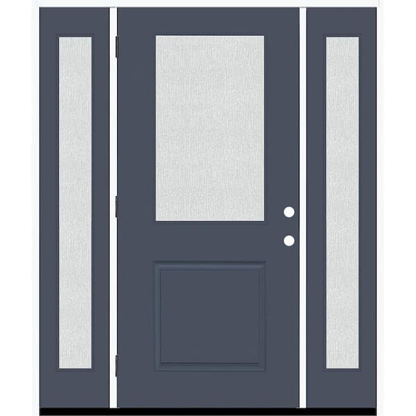Legacy 68 in. x 80 in. 1/2 Lite Rain Glass RHOS Primed Dark Denim Finish Fiberglass Prehung Front Door w/Dbl 14 in. SL