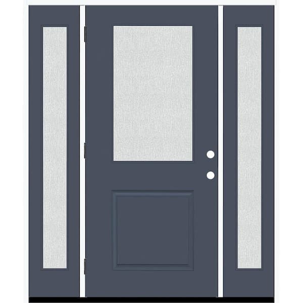 Steves & Sons Legacy 68 in. x 80 in. 1/2 Lite Rain Glass RHOS Primed Dark Denim Finish Fiberglass Prehung Front Door w/Dbl 14 in. SL