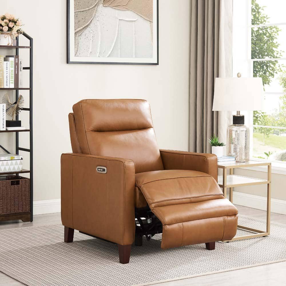Cognac Genuine Leather Zero Gravity Recliner with Wood Frame
