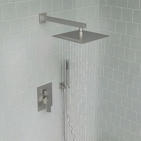 Double Handle 2-Spray Shower Faucet Square 10 in. Shower Head 2.5 GPM High Pressure in Brushed Nickel (Valve Included)