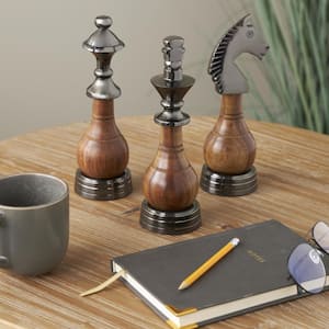 Dark Gray Aluminum Metal King, Queen, and Knight Chess Sculpture with Mango Wood Center Set of 3